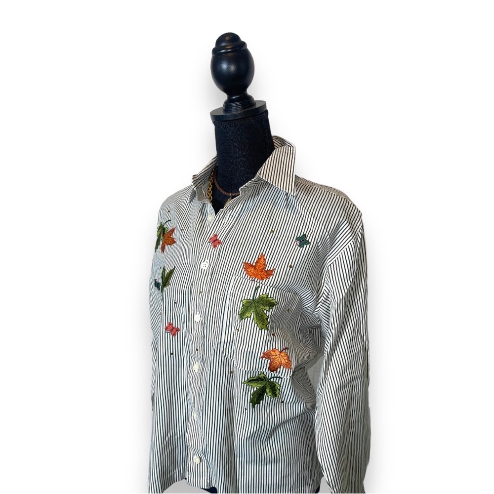 80s Mili Designs Stripped Fall  Leaves Long Sleeve Button Up Shirt Size Small